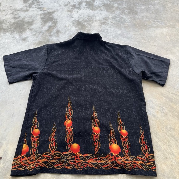 ODO Shirt Mens Extra Large Blue Gray Flaming Skulls‎ Allover Flame Biker Hot Rod - Picture 5 of 6